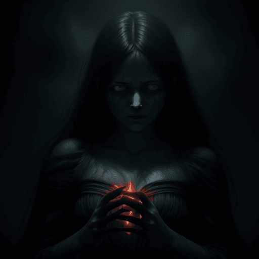 AI generated: Photorealistic concept art depicting a woman engulfed in a mysterious dark aura signing a pact with ...