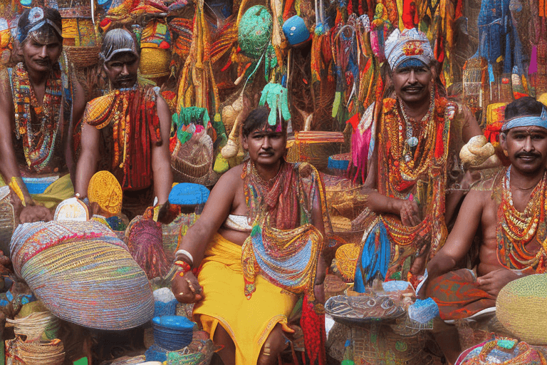 AI generated: tribal haat in India, people selling products digital art