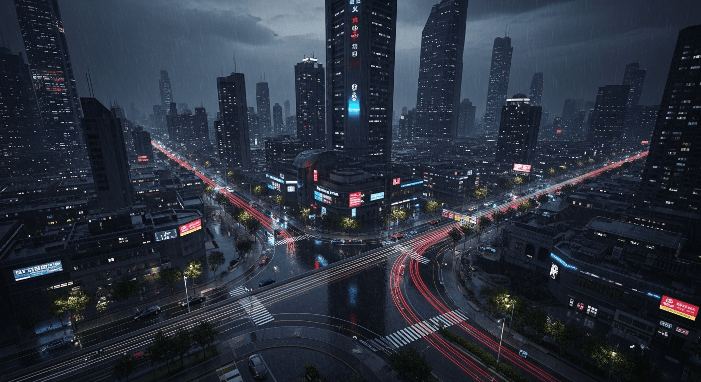 AI generated: Cinematic, eagle view of futuristic mega city. Dark, night, neon, rainy.
