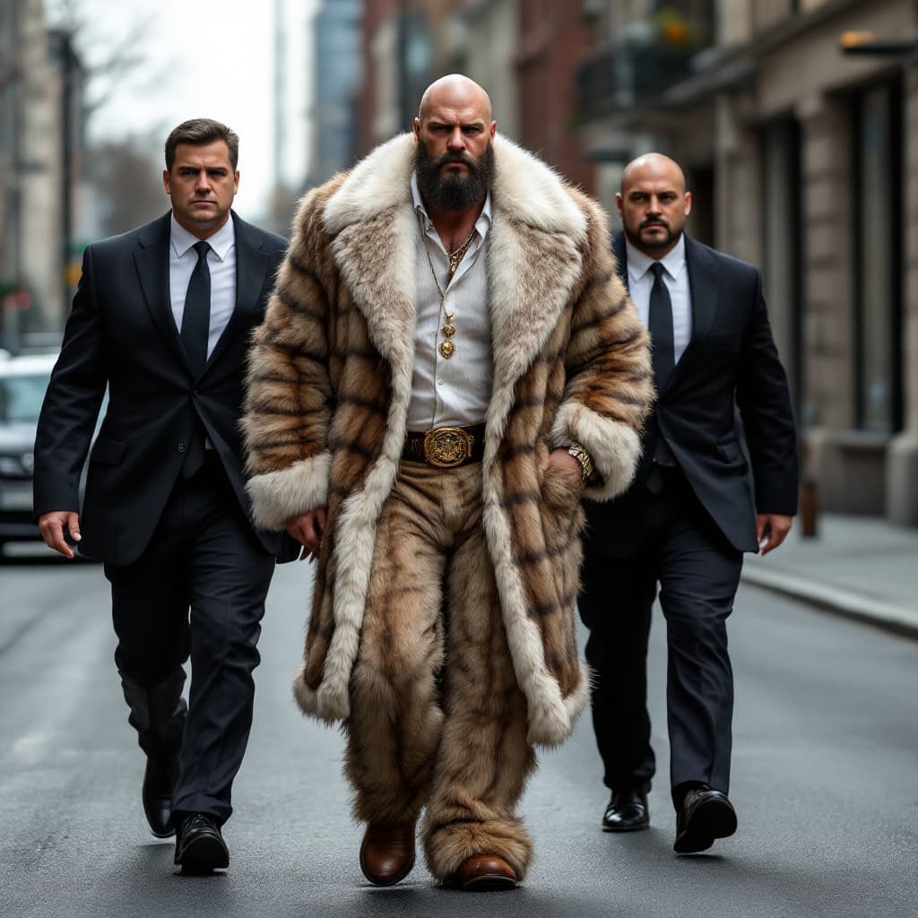 AI generated: A rich and muscular man dressed in fur walks down a wide street, accompanied by two security guards ...