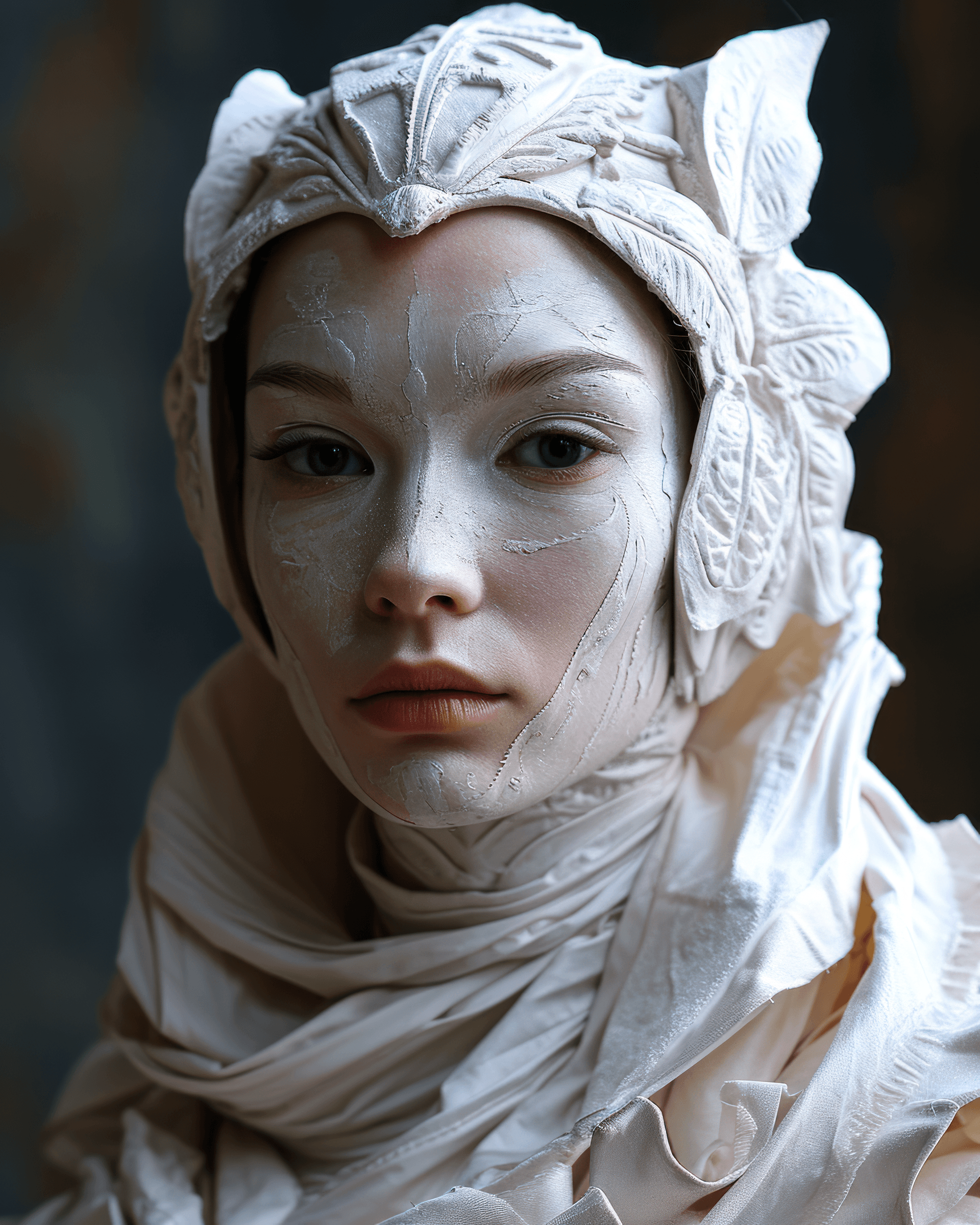 AI generated: Lucia maria jorgos's fashion mask is textured white, Australian woman, in the style of chiho aoshima...