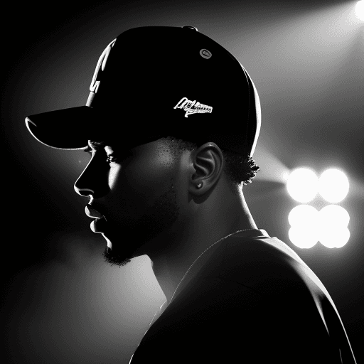 AI generated: black and white photography of rapper in baseball cap emerging from fog on stage during concert, sid...