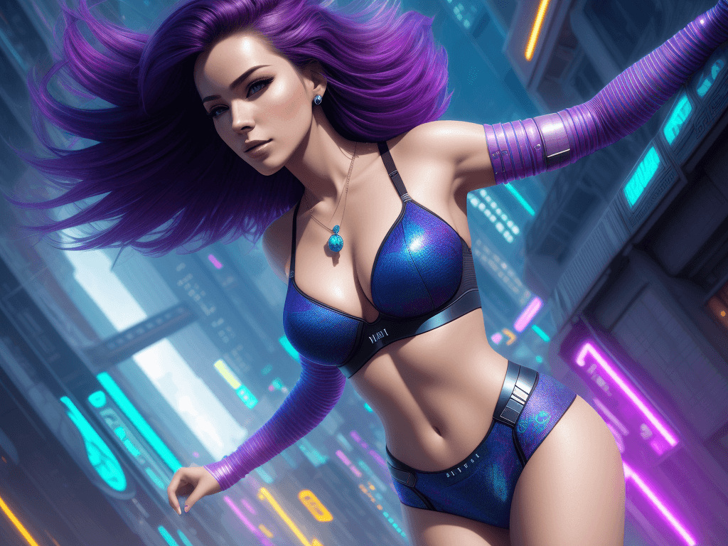 AI generated: Sexy cyberpunk lady wandering alone, Lost in thought, scenic advanced alien mega city, seeking solac...