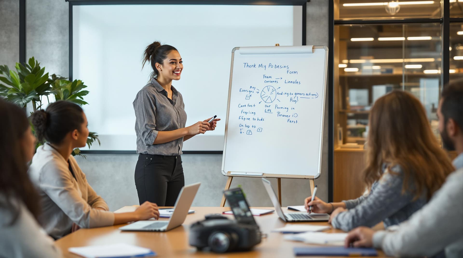 AI generated: A young professional woman actively engaged in a team discussion in a modern office. She is standing...