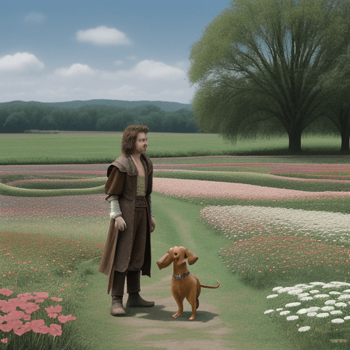 AI generated: 
Ludo character from the movie "labyrinth" and a small dog of the podenco/dachshund breed. Field lan...