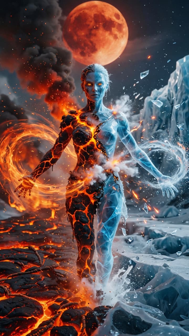 AI generated: "Ultra-photorealistic 8k still from a cinematic sequence: An elemental goddess of ice and fire, body...