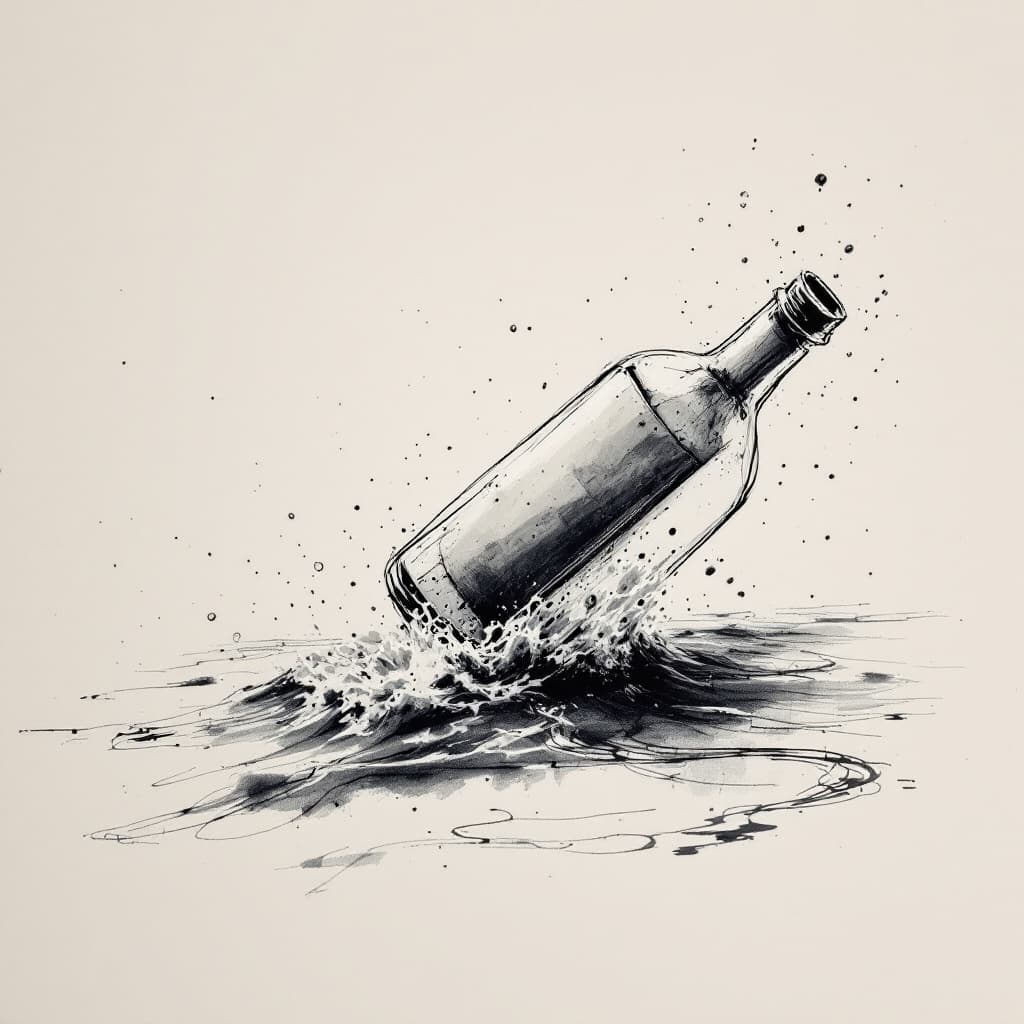 AI generated: an artistic Wet ink, charcoal sketch of a paper rolled inside a bottle, submerged, tilted bottle, fl...