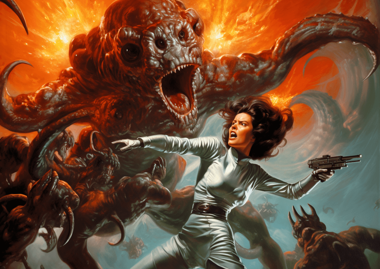 AI generated: A full body shot of an attractive space woman wearing silver, being attacked by many tentacled alien...