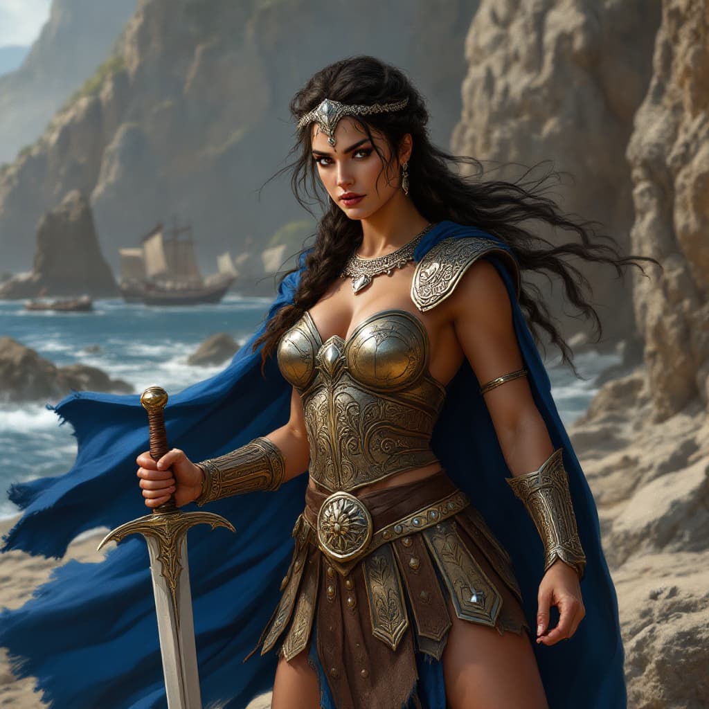 AI generated: a digital painting of Queen Teuta of Illyria stands on the rocky shore, watching Roman ships approac...