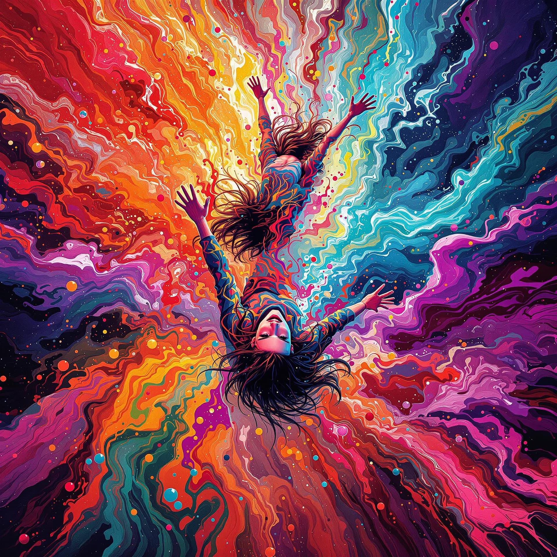 AI generated: artistic, water painting style, art piece showing a young male and female long haired Hippies fallin...