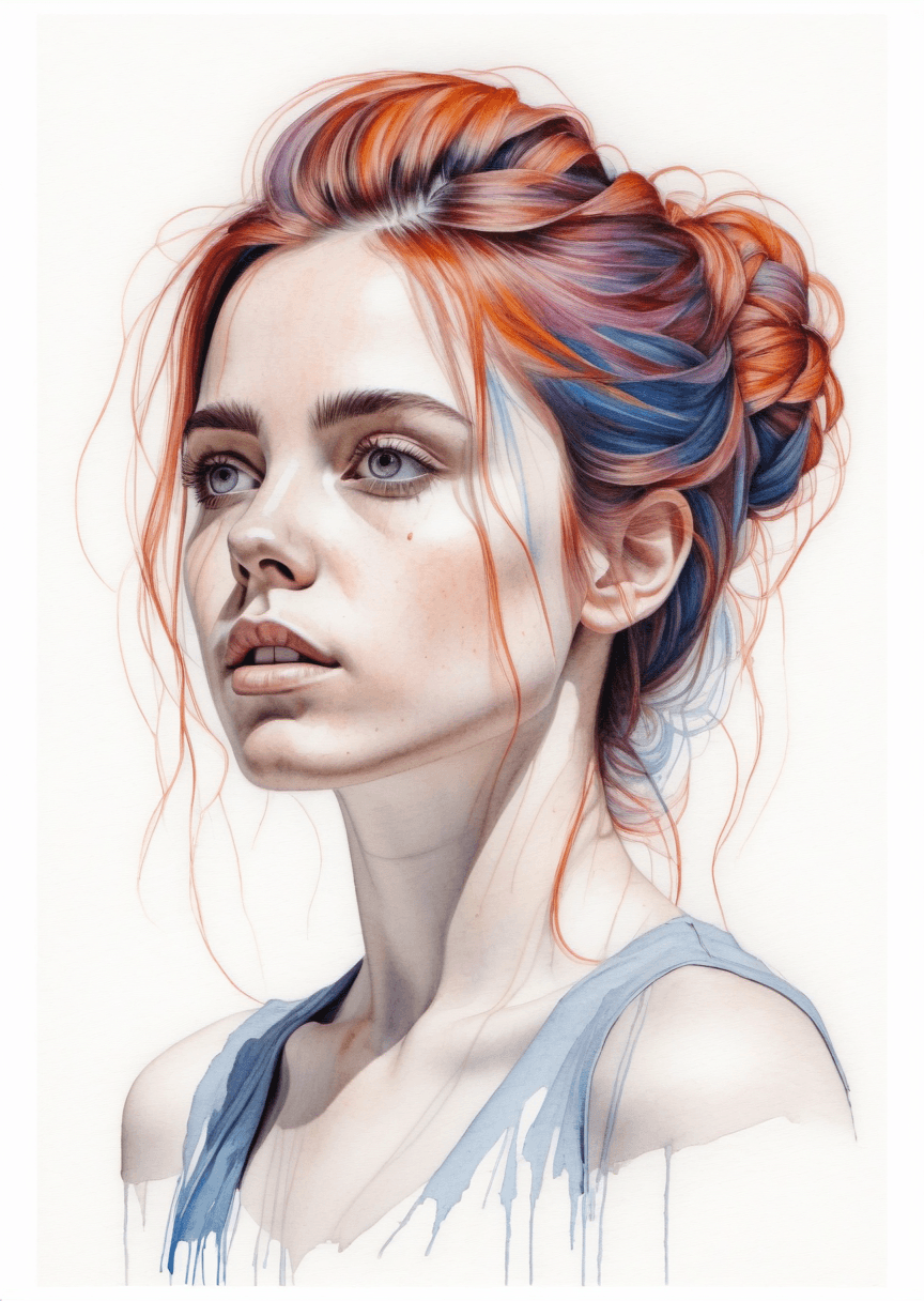 AI generated: A colored-pencil art of a beautiful woman.  Highly detailed. In the style of Agnes Cecile. The paint...