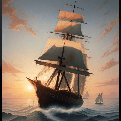 AI generated: A photorealistic painting of a battered sailing ship at sunrise, rendered in the style of Studio Ghi...