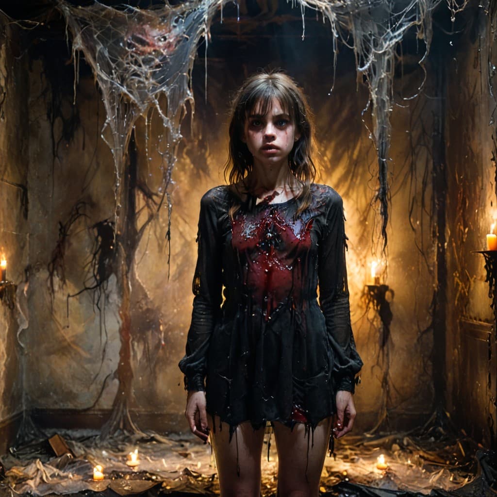 AI generated: A horrifying and haunting sight, a young girl, standing in the center of a dark and dilapidated room...