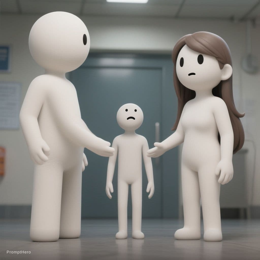 AI generated: POV showing a third neutral stick figure stuck between Gary and Maya in the gap, looking confused,
S...