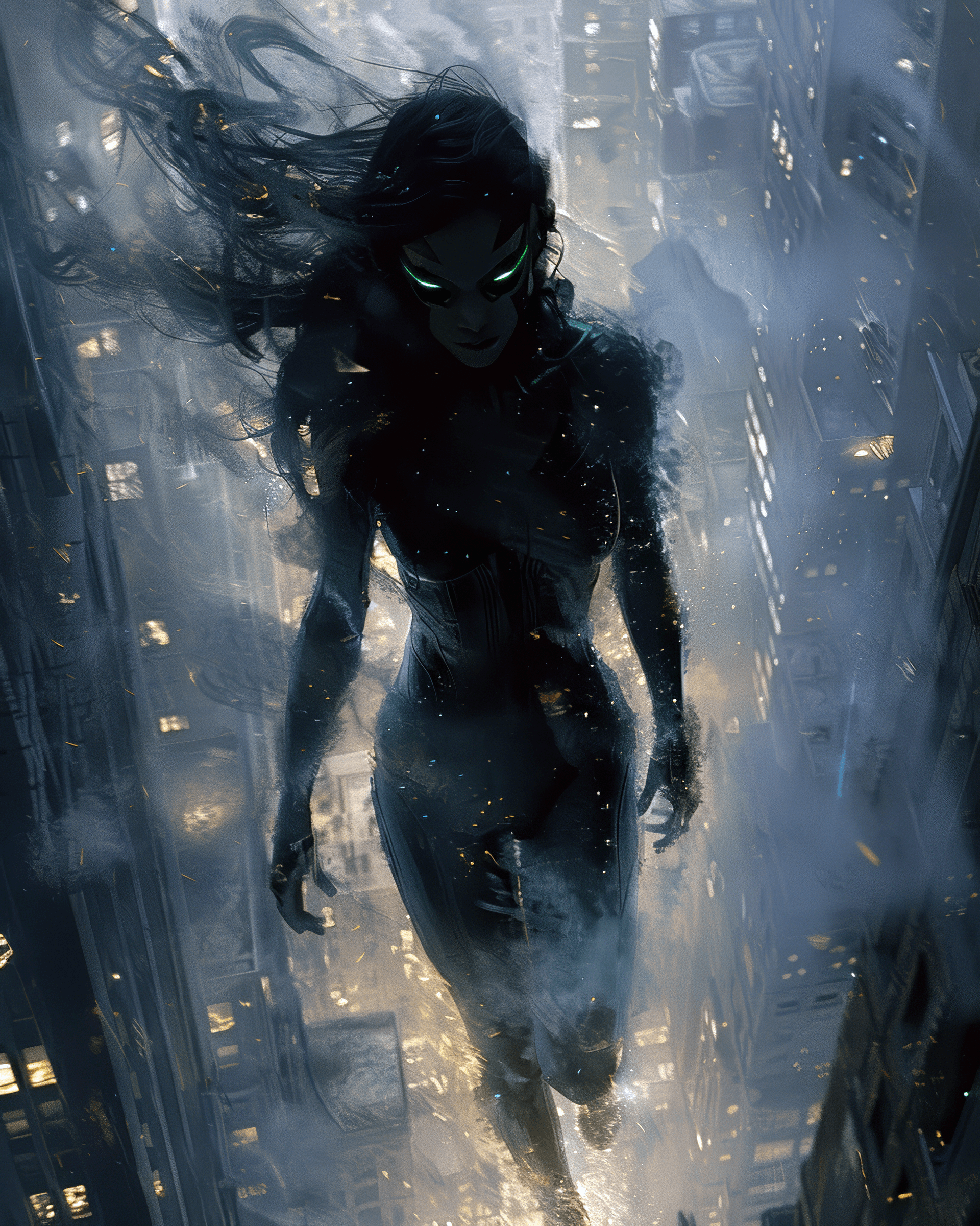 AI generated: will-o'-the-wisp, young female superhero, inspired by frank miller, dark city, atmospheric lighting,...