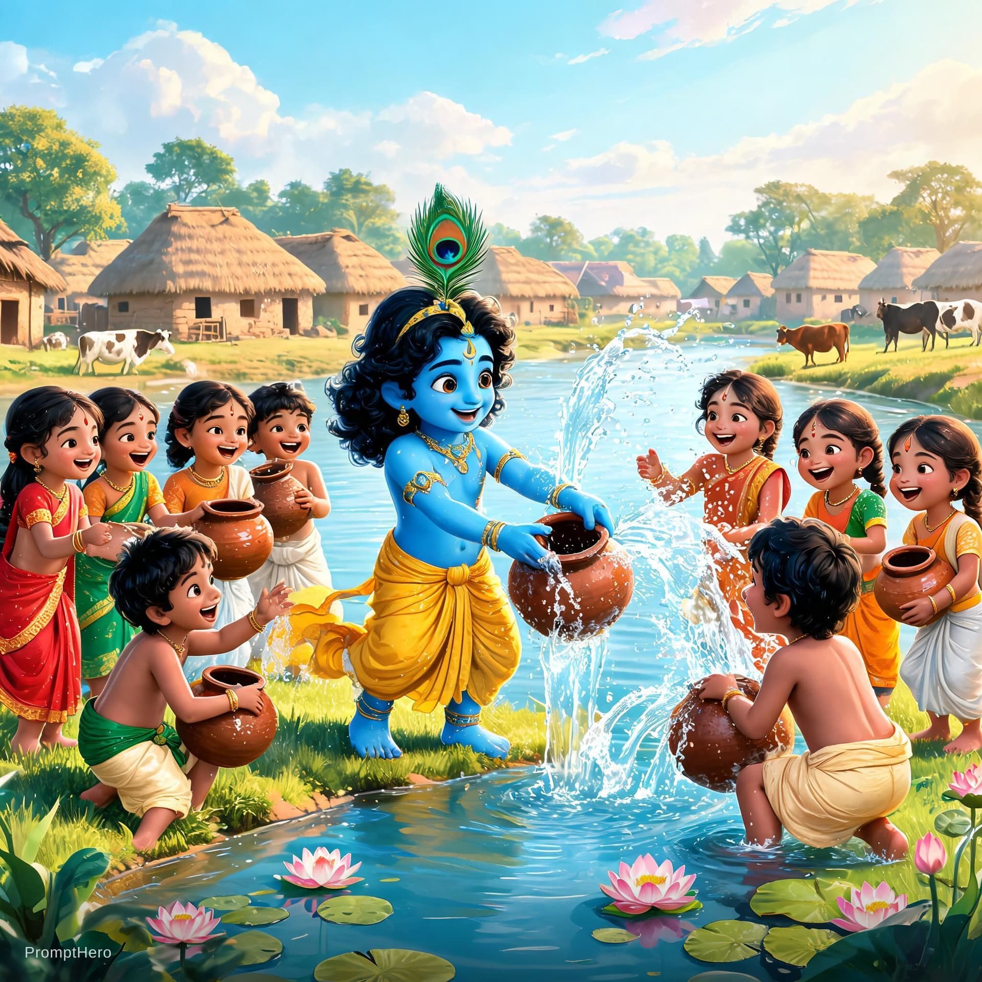 AI generated: Pl share Lord Krishna playing with friends near Yamuna river at Nandgaon village