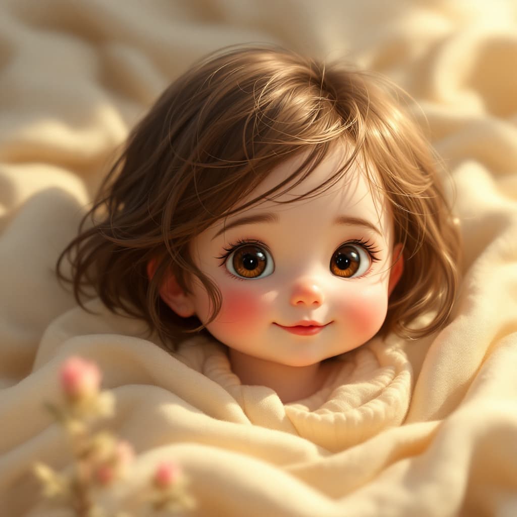 AI generated: a simple cartoon of a beautiful baby with brown hair and short hair , white background, princesscore...