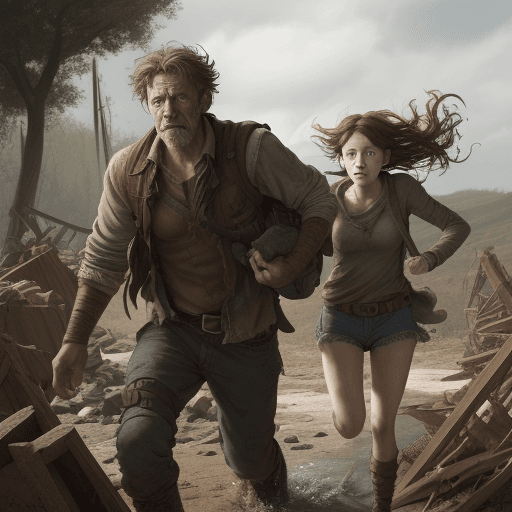 AI generated: hq stile, Panel 2: Joel, a weathered man, and Ellie, his determined young companion, cautiously navi...