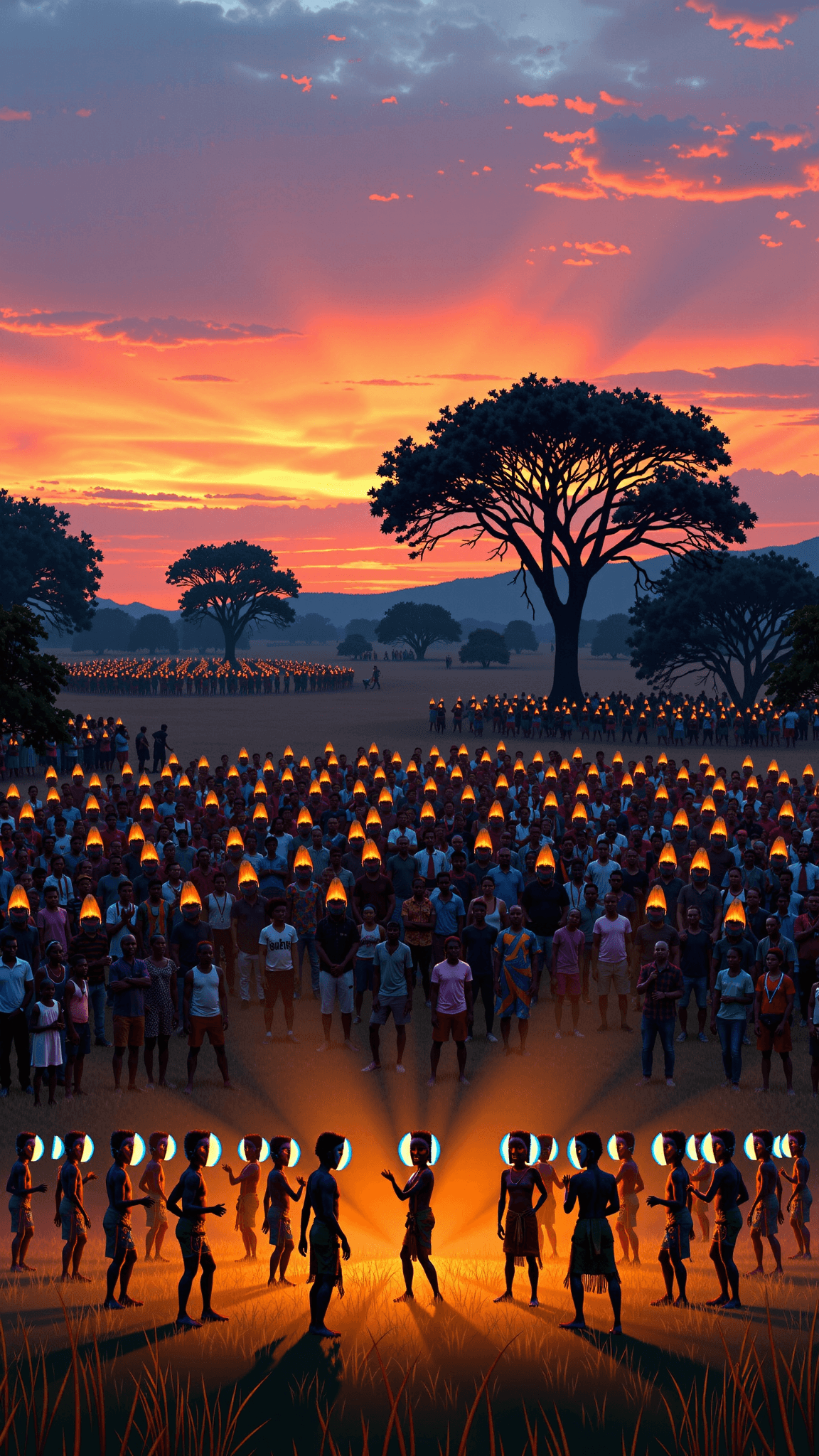 AI generated: An African tribal gathering stretched across a wide dusk-lit clearing, dancers flicker mid-movement,...