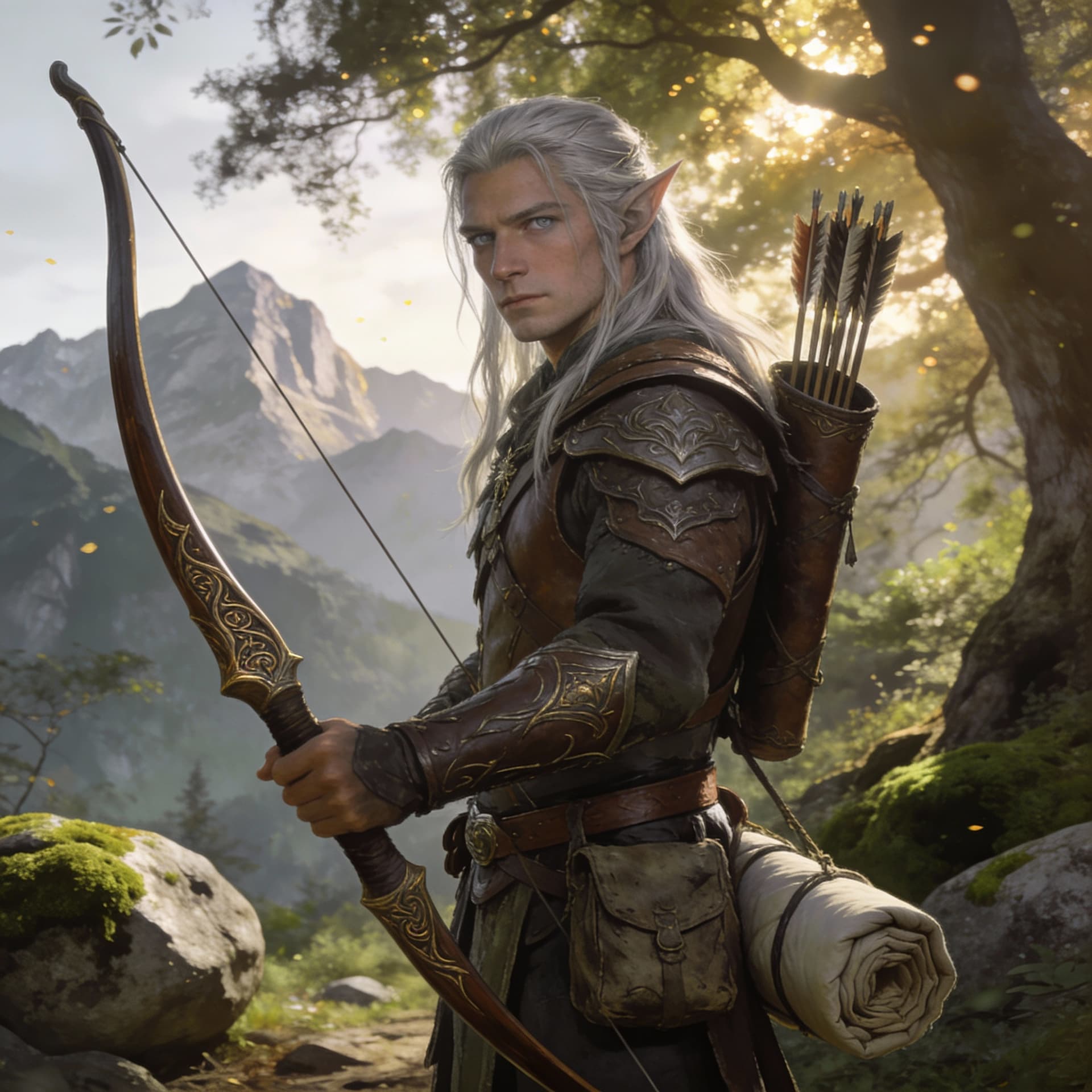AI generated: high detail high fantasy elf with grey eyes in mountainous woodland settings with an elven long bow ...