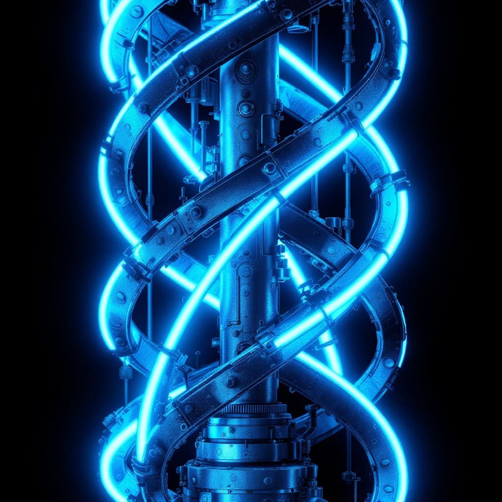 AI generated: taller de soldadura 
intertwined neon tubes in a bright blue color, front view, set against a dark b...