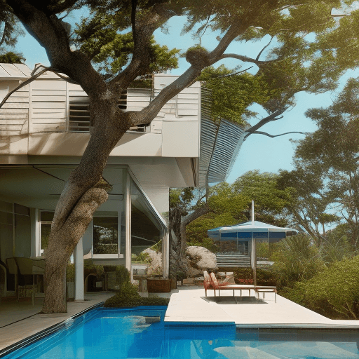 AI generated: Hyper realistic eye level exterior photo of a mid century modern style house overlooking the ocean, ...
