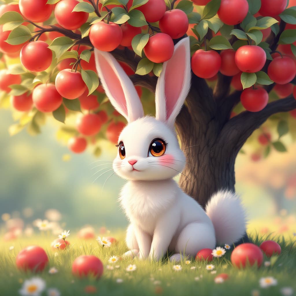 AI generated: digital art of a beautiful hansome rabbit pokemon under an apple tree, cartoon style,Matte Painting,...