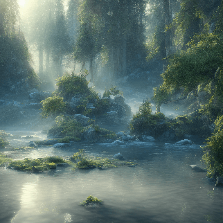 AI generated: mdjrny-v4 style, peaceful moody landscape, sunlight falling on river water, ultra-high-quality refle...