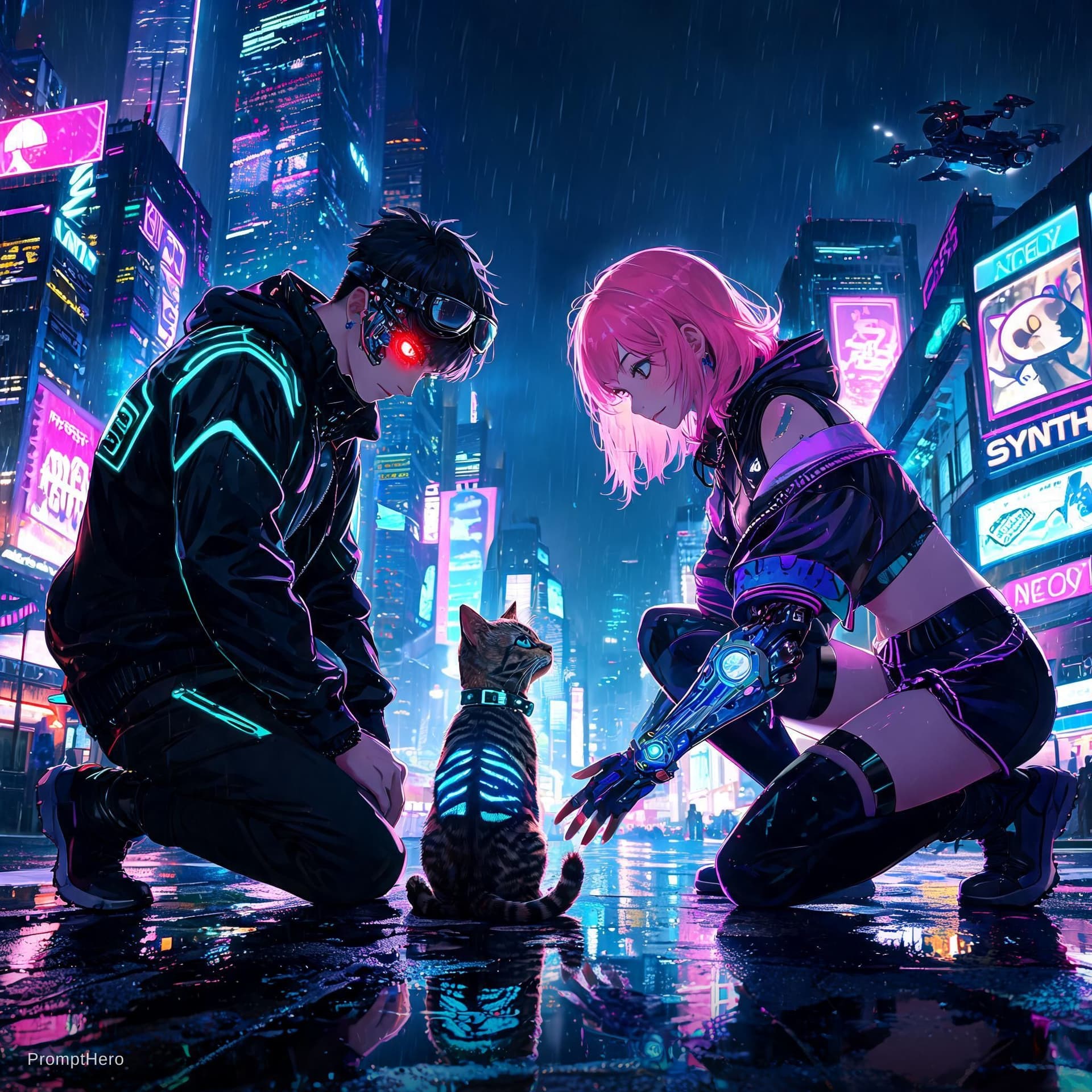 AI generated:  image of a man and a woman kneeling down with a cat, cyberpunk art style, cyberpunk themed art, has...