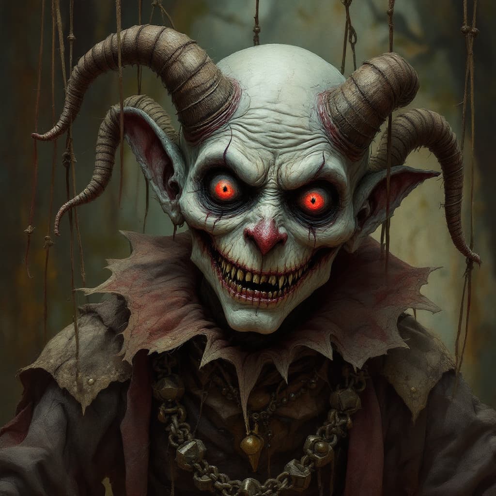 AI generated: evil, twisted, frightening marionette pinocchio , portrait, in the style of D&D, fantasy art, detail...