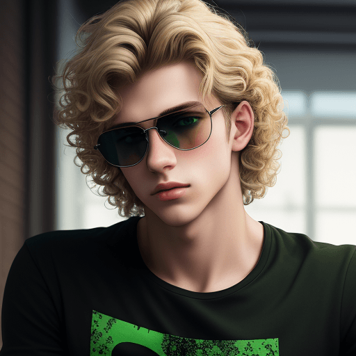 AI generated: realistic image of a young man, 20 years old, slim build, Russian, blond curly hair, aviator glasses...