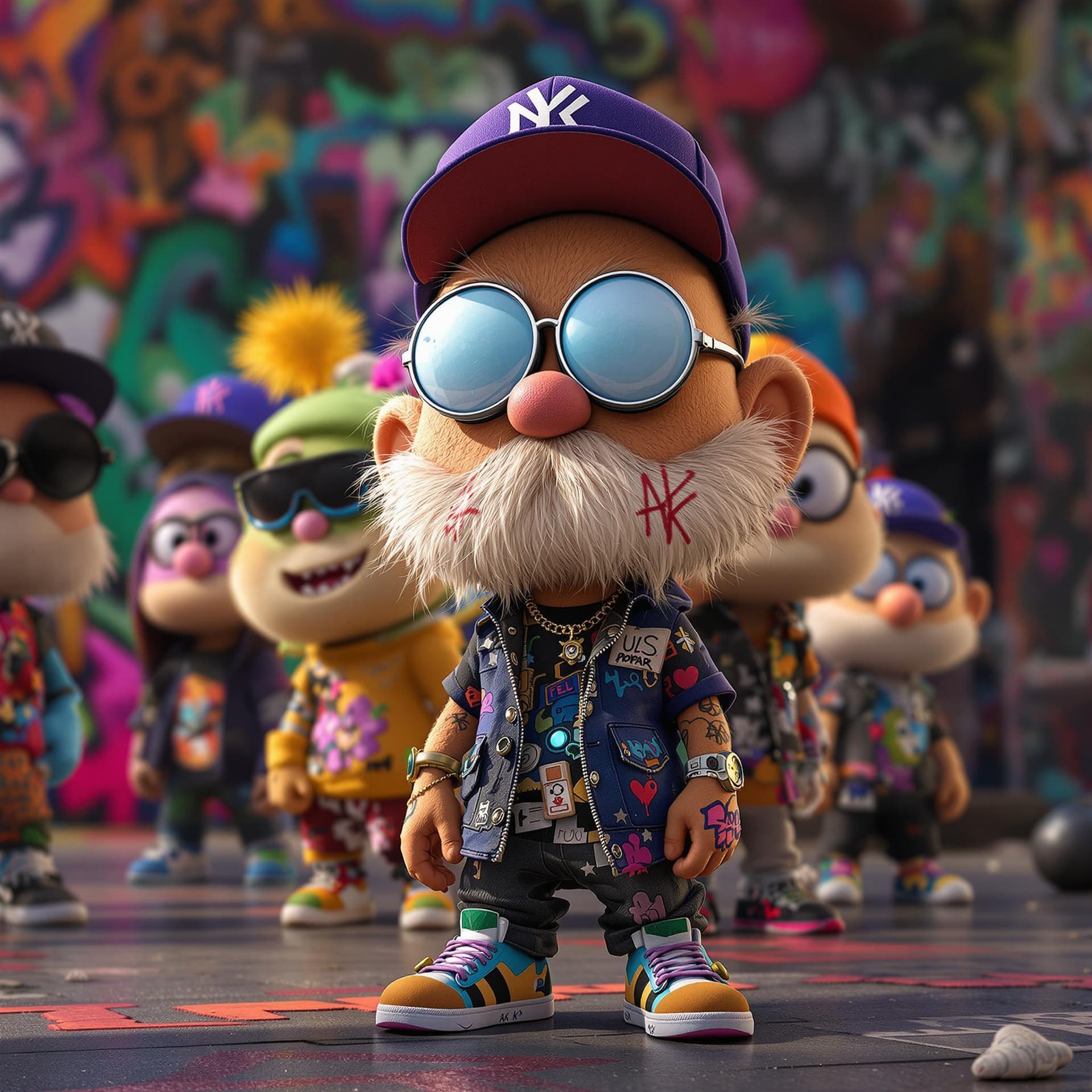 AI generated: hip hop graffiti pixar style characters,  full body, 4k, hyper realistic, focused, extreme details, ...