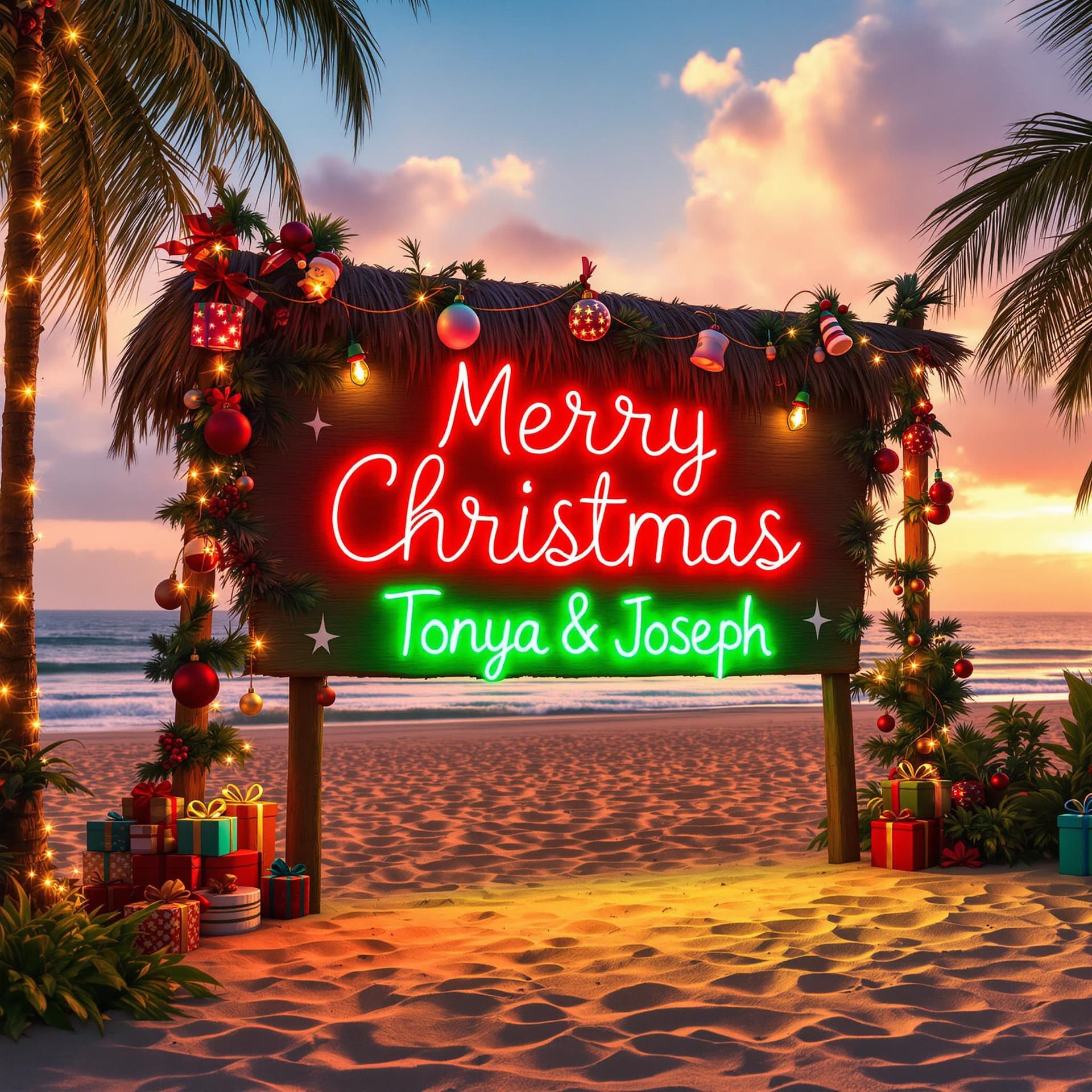 AI generated: Beachy holiday scene, lots of Christmas decorations, thatched sign made of palm fronds, red and gree...