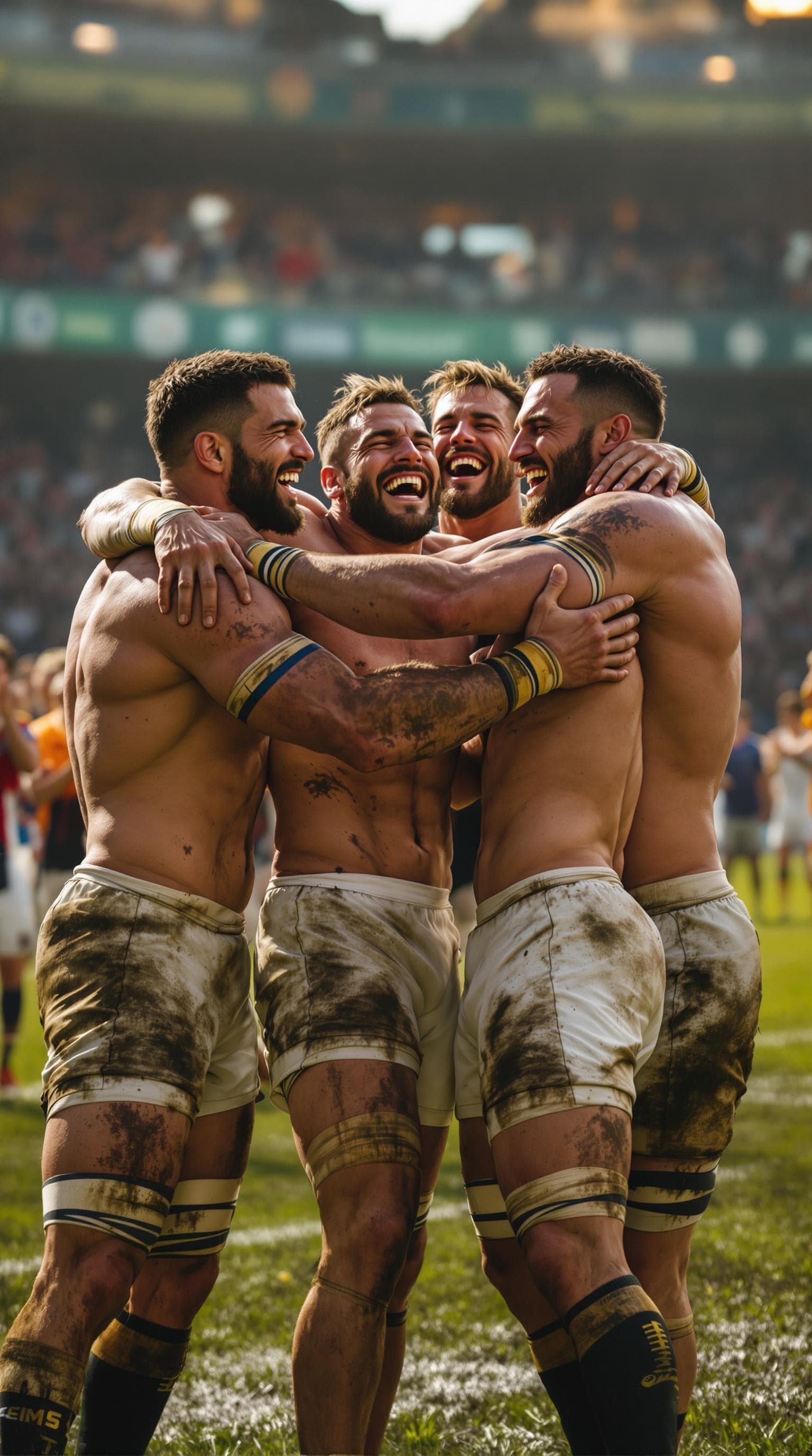 AI generated: Ultra-photorealistic, highly realistic, high-resolution cinematic scene of four muscular rugby playe...