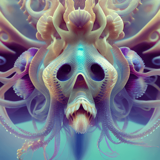 AI generated: Goddess close-up portrait ribcagel. jellyfish phoenix head, nautilus, orchid, skull, betta fish, bio...