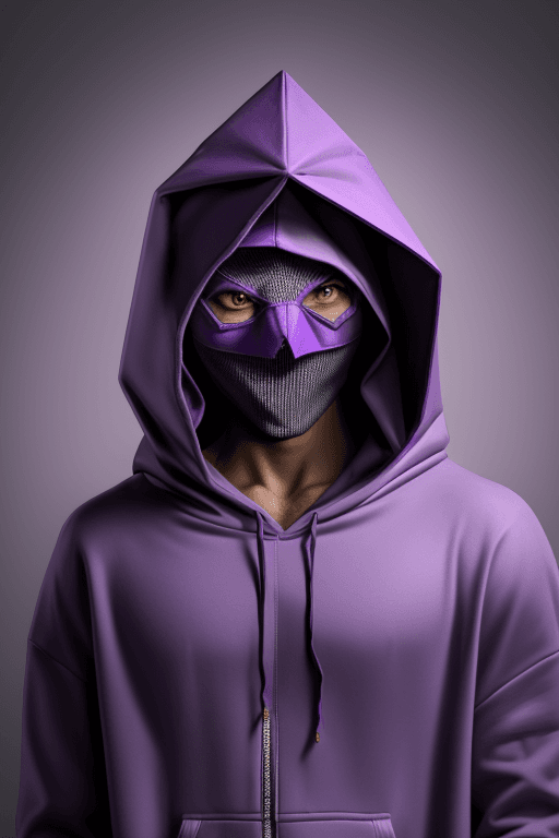 AI generated: Purple man in hood with big triangle mask