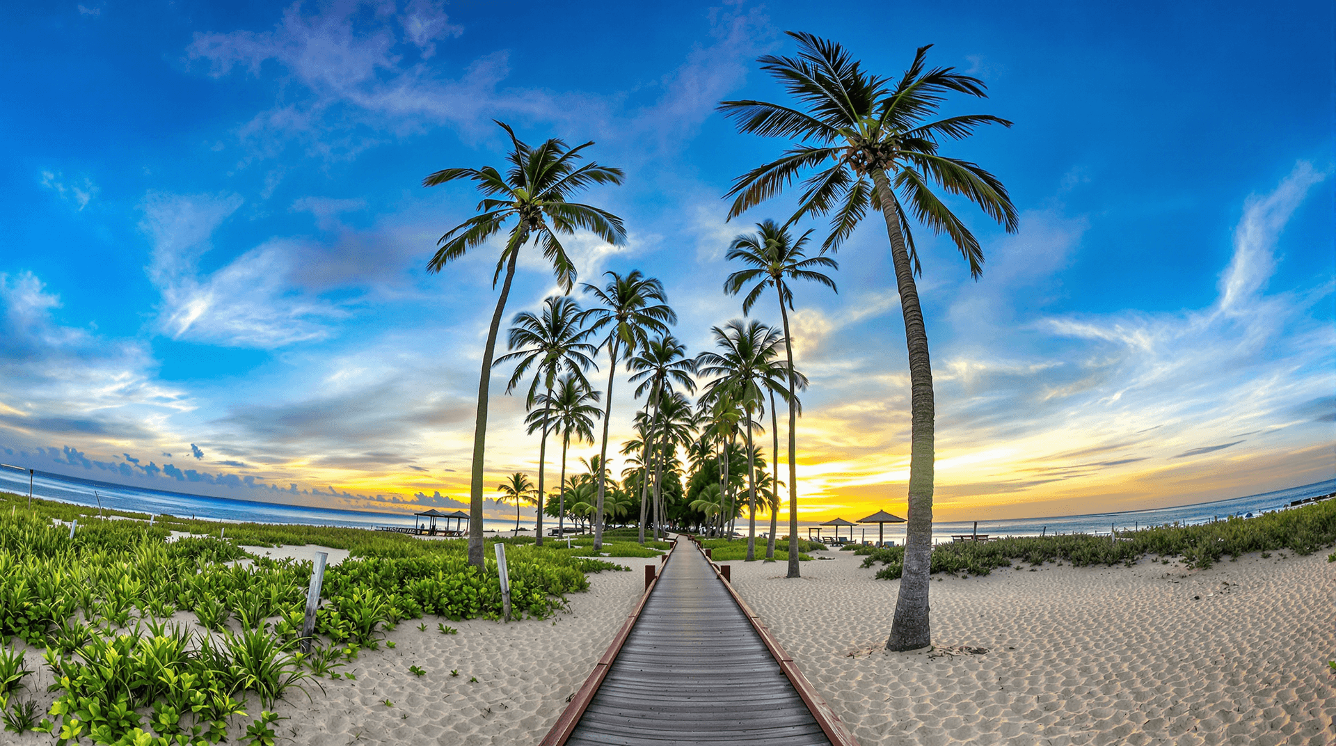 AI generated: A panoramic photo of a beach at sunset, taken with a fisheye lens. The sky is a mix of blue and oran...