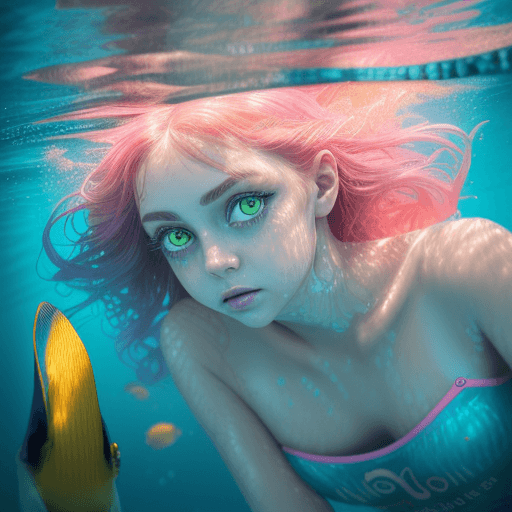 AI generated: A beautiful girl with big green eyes and long eyelashes is swimming underwater. The water around her...