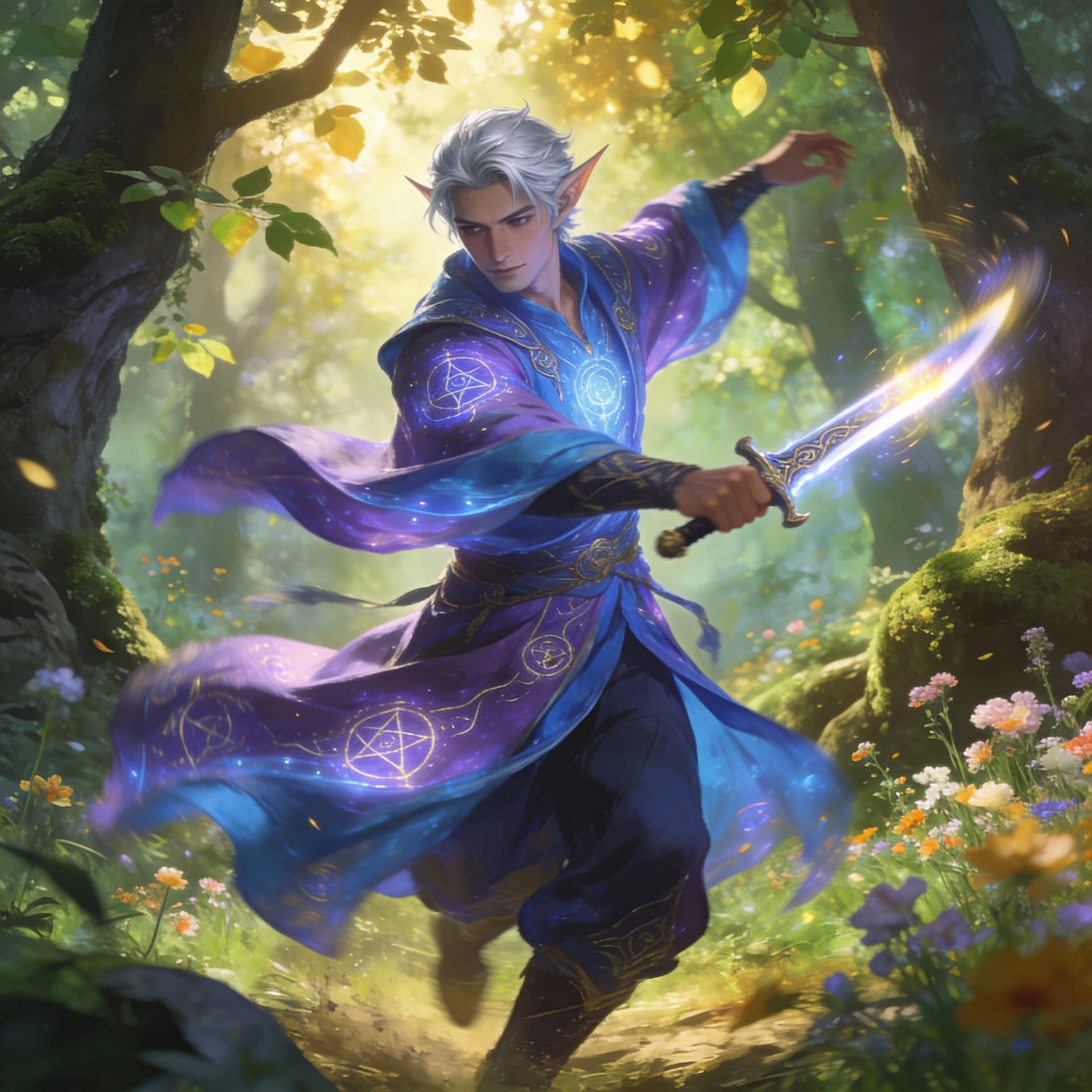 AI generated: a male elf wearing magical robes and wielding a magical short sword, dancing in the forest