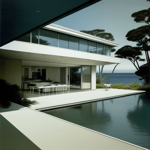 AI generated: Hyper realistic eye level exterior photo of a mid century modern style house overlooking the ocean, ...