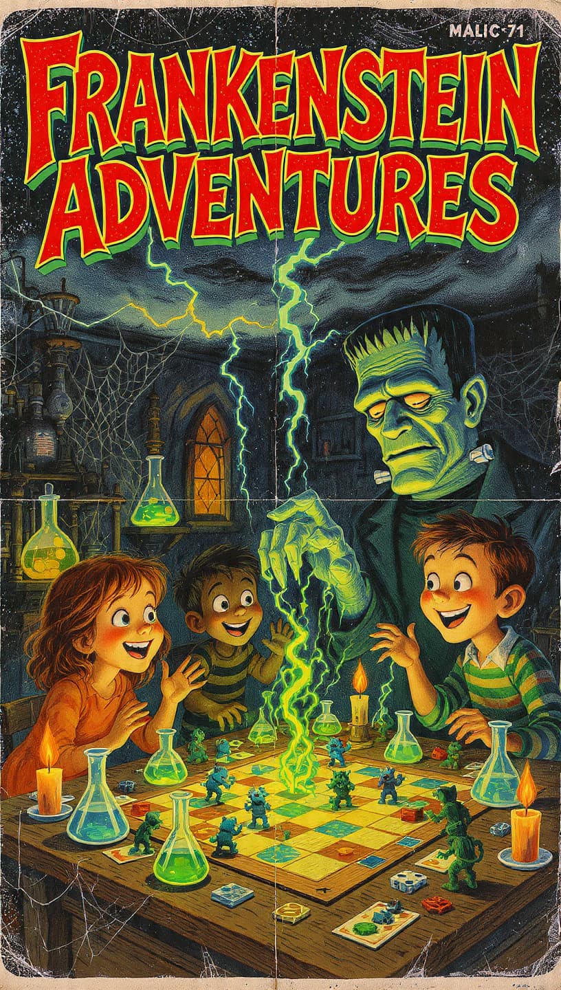 AI generated: Vintage 1970s children’s advertisement poster for a horror-themed board game titled **“Frankenstein ...