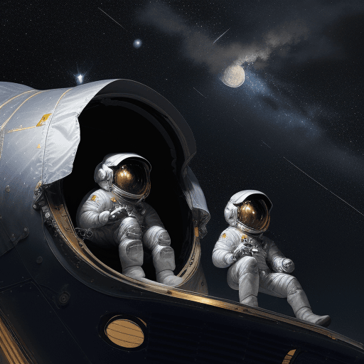 AI generated: illustration of Jalen and his friend Lily in their makeshift spaceship, soaring through a starry nig...