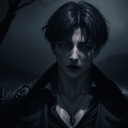 AI generated: Jungkook, dark blue hair, crimson red eyes, charming, seductive, vampire king, dark, obsessive, goth...