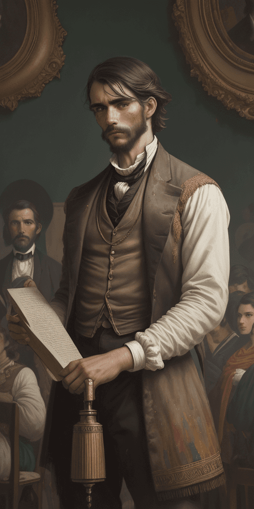 AI generated: an oil painting on canvas of a 1800s man with an scroll, surrounded by latin people, colorful tones,...