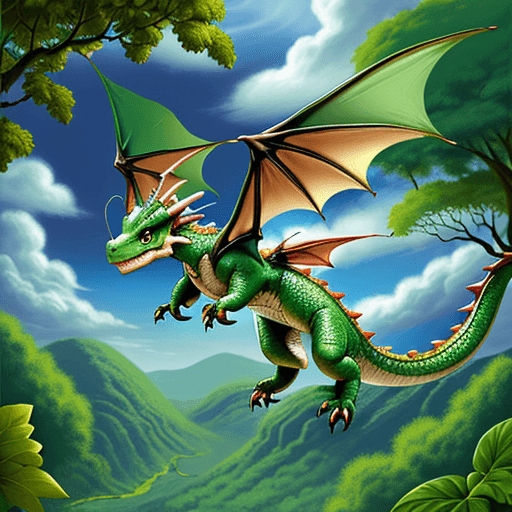 AI generated: Cute dragon soaring above the lush green canopy.