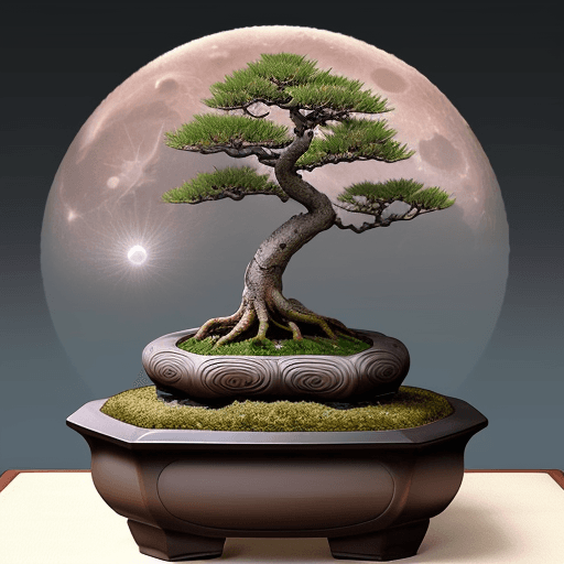 AI generated: full moon with nuances of the YinYan, in the center of Yin insert a bonsai tree and in the center of...