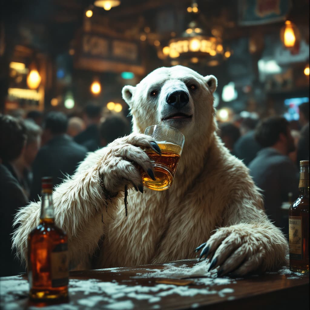 AI generated: full body shot of a drunk and very skinny polar bear drinking a scotch in a overcrowded bar, backgro...