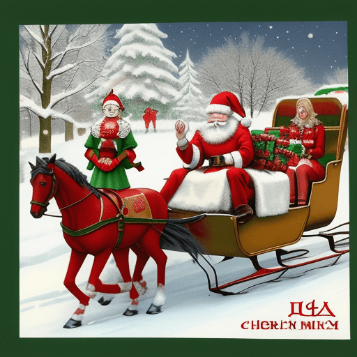 AI generated: USSR christmas postcard, Santa Claus and Snow Maiden, christmas tree, snow, sleigh, troika of horses