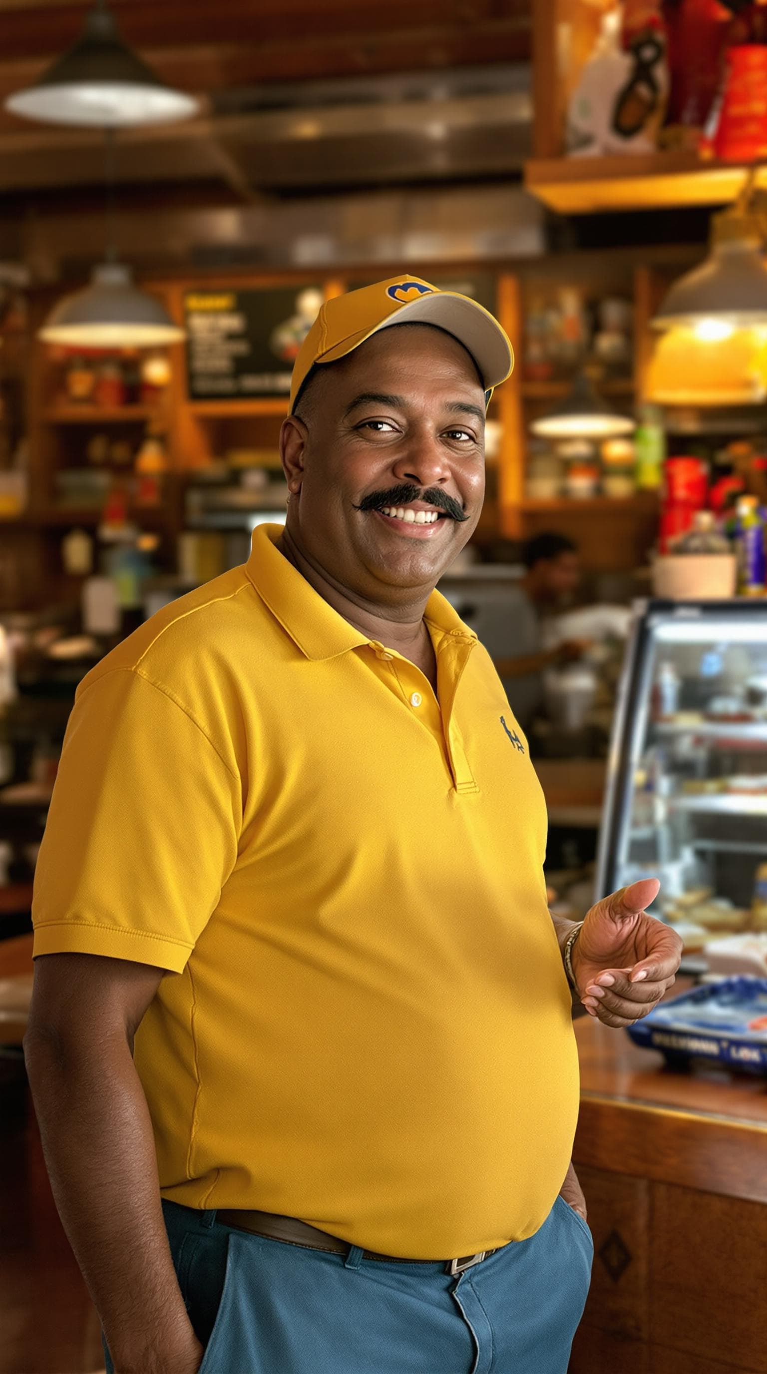 AI generated: A hyper-realistic portrait of a laid-back deli owner inspired by Cleveland Brown; warm friendly smil...