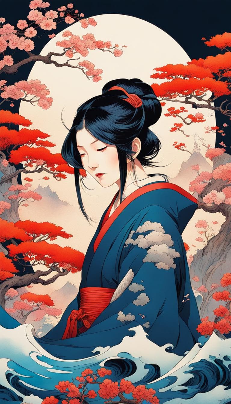 AI generated: a beautiful, retro, colorful, Chinese beautiful traditional female character, studio Ghibli, Chinese...